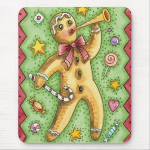 Cute Gingerbread Man Blowing Horn, Christmas Candy Mouse Mat