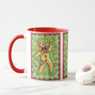 Cute Gingerbread Man Blowing Horn, Christmas Candy Mug