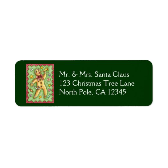 Cute Gingerbread Man Blowing Horn, Christmas Candy Return Address Label