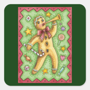 Cute Gingerbread Man Blowing Horn, Christmas Candy Square Sticker