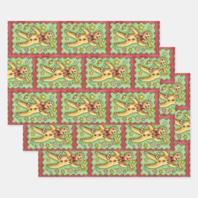 Cute Gingerbread Man Blowing Horn, Christmas Candy Wrapping Paper Sheet (Set)