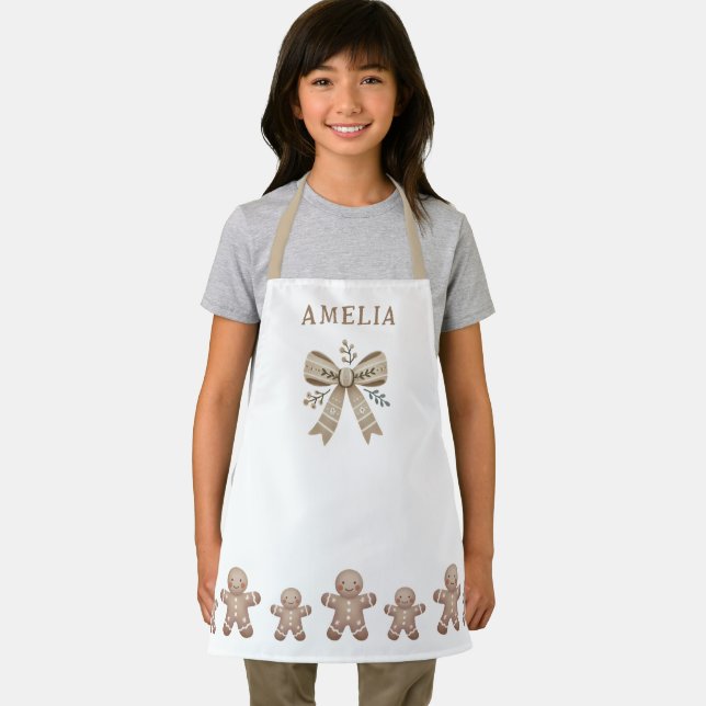 Cute Gingerbread Man & Bow Drawing Christmas Name Apron (Insitu)