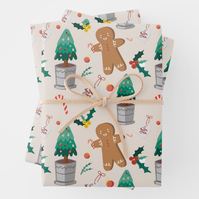 Cute Gingerbread Man Candy Cane Christmas Wrapping Paper Sheet (In situ)