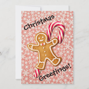 Cute Gingerbread Man Candy Cane Retro Christmas Holiday Card