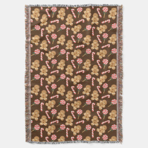Cute Gingerbread Man Candy Canes Holiday Pattern Throw Blanket