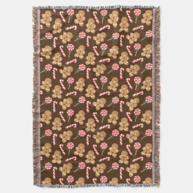 Cute Gingerbread Man Candy Canes Holiday Pattern Throw Blanket (Front Vertical)
