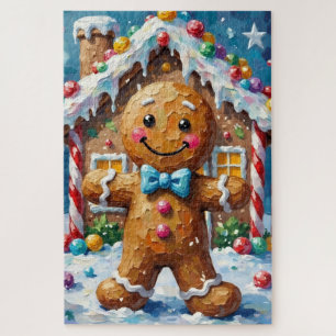 Cute Gingerbread Man Cheerful Christmas Cookie Art Jigsaw Puzzle