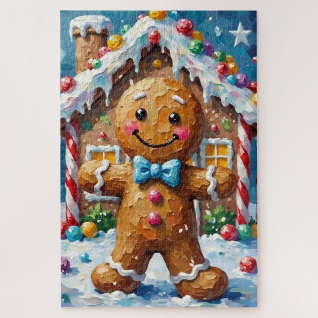 Cute Gingerbread Man Cheerful Christmas Cookie Art Jigsaw Puzzle (Vertical)