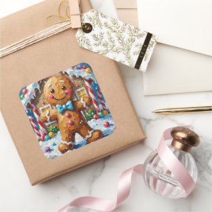 Cute Gingerbread Man Cheerful Christmas Cookie Art Square Sticker