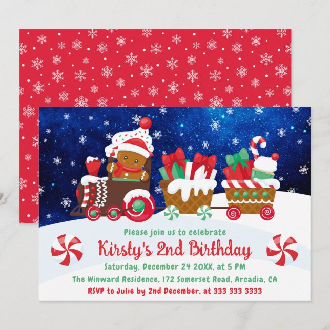 Cute Gingerbread Man Christmas Train Kids Birthday Invitation (Front/Back)