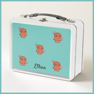 Cute Gingerbread Man Heart and Flowers Metal Lunch Box