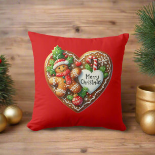 Cute Gingerbread Man Heart Merry Christmas Red Cushion