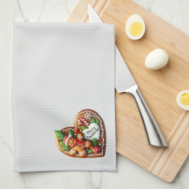 Cute Gingerbread Man Heart Merry Christmas  Tea Towel (Quarter Fold)