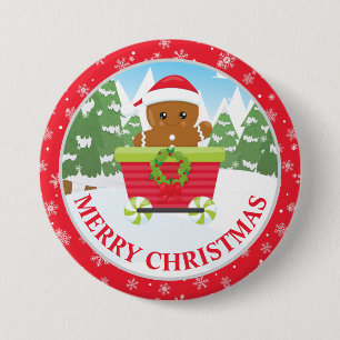 Cute Gingerbread Man in train and Snowy Christmas 7.5 Cm Round Badge