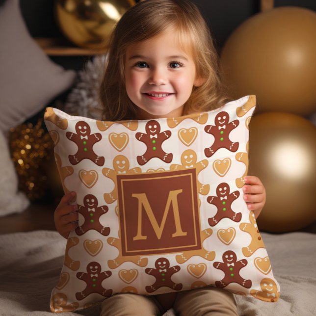 Cute Gingerbread Man Monogram  Cushion (Monogrammed Gingerbread man decorator Christmas/holiday pillow)