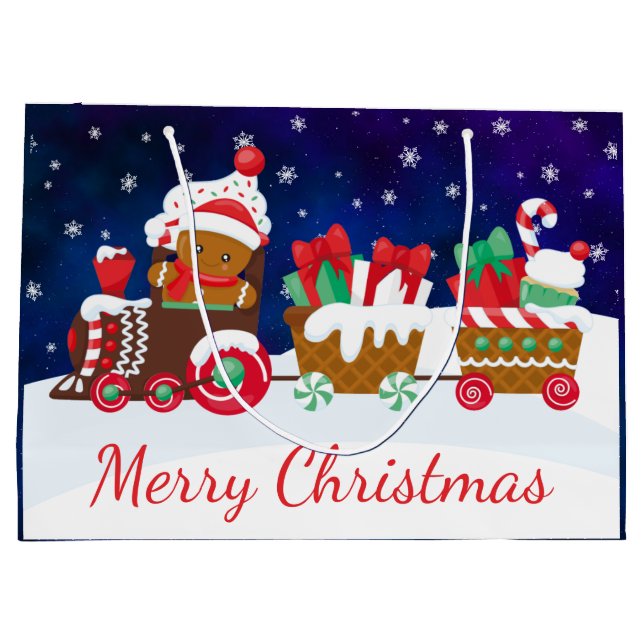 Cute Gingerbread Man on Train Christmas Large Gift Bag (Back)
