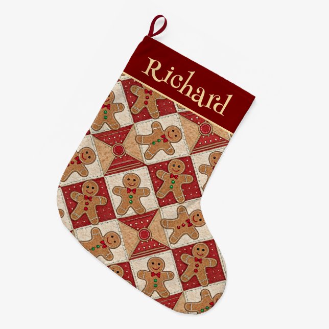 Cute Gingerbread Man Patchwork Pattern Style Large Christmas Stocking (Front (Hanging))