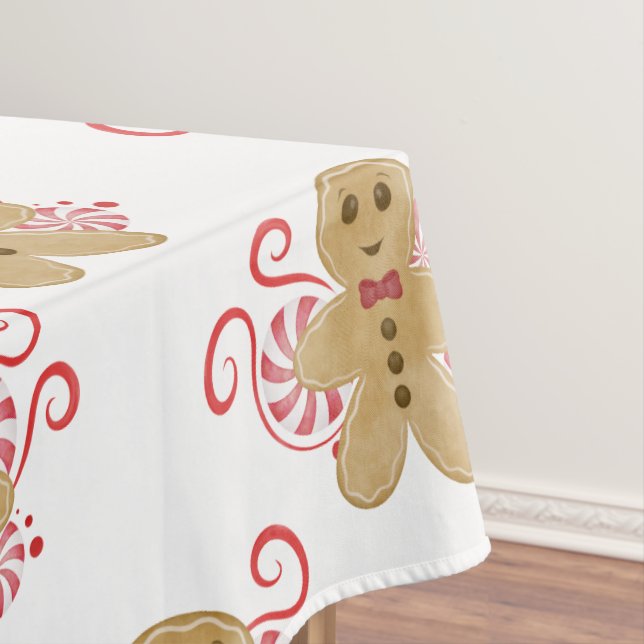 Cute Gingerbread Man & Peppermint Candy Christmas Tablecloth (In Situ)