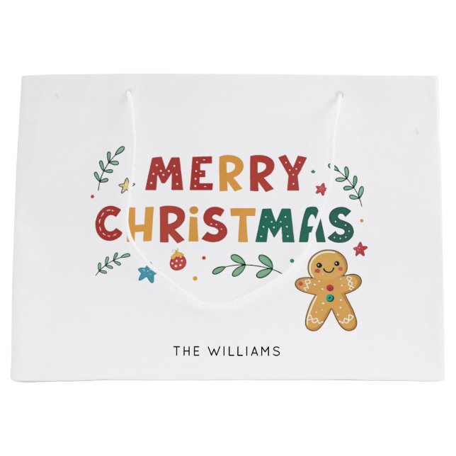 Cute Gingerbread Man Personalised Christmas Large Gift Bag (Front)