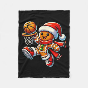 Cute Gingerbread Man Playing Basketball Christmas  Fleece Blanket