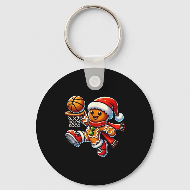 Cute Gingerbread Man Playing Basketball Christmas  Key Ring (Front)