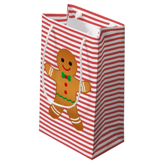 Cute Gingerbread Man - Red Striped Christmas Small Gift Bag (Back Angled)