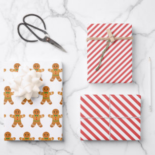 Cute Gingerbread Man & Red Striped Christmas Wrapping Paper Sheet