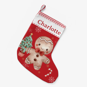 Cute Gingerbread Man Tree Candy Cane Red Gingham Small Christmas Stocking