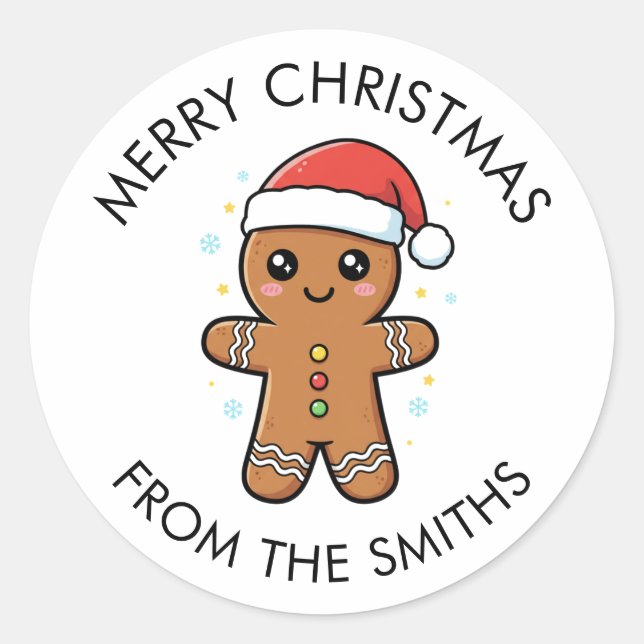 Cute Gingerbread Man with Santa Hat Christmas Classic Round Sticker (Front)