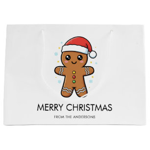 Cute Gingerbread Man with Santa Hat Christmas Large Gift Bag