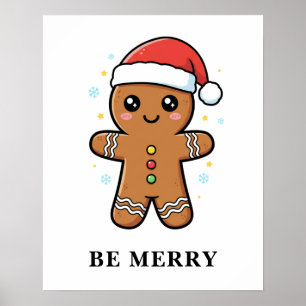 Cute Gingerbread Man with Santa Hat Christmas Poster