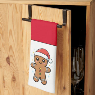 Cute Gingerbread Man with Santa Hat Christmas Tea Towel