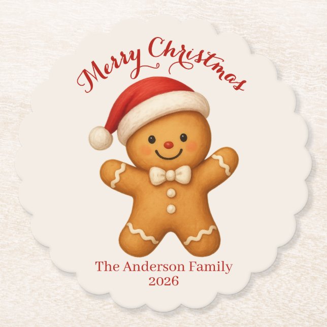 Cute Gingerbread Man with Santa Hat -  Paper Coaster (Front)