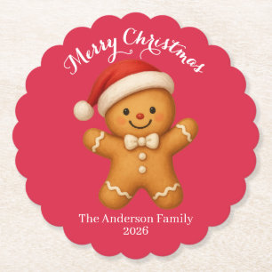 Cute Gingerbread Man with Santa Hat - Paper Coaster