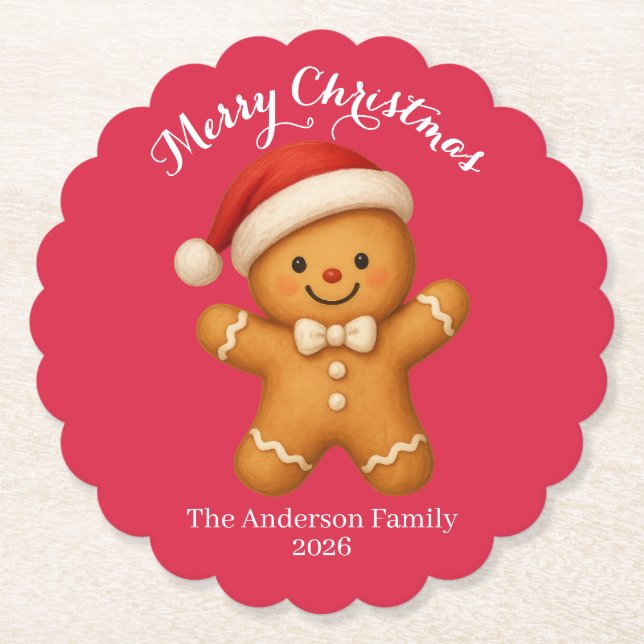 Cute Gingerbread Man with Santa Hat -  Paper Coaster (Front)