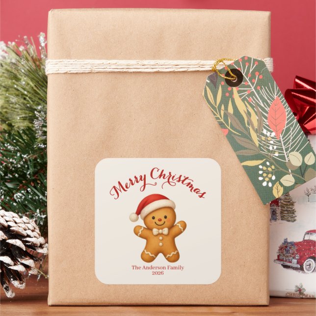 Cute Gingerbread Man with Santa Hat -  Square Sticker (Holiday)