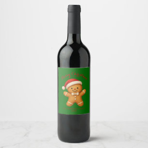 Cute Gingerbread Man with Santa Hat - Wine Label
