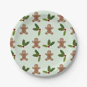 Cute Gingerbread Men and Holly Pattern Christmas Paper Plate