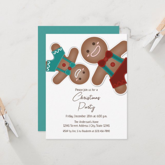 Cute Gingerbread Men Christmas Holiday Party Invitation (Front/Back In Situ)