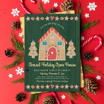 Cute Gingerbread Open House Green Rustic Christmas Invitation<br><div class="desc">A cute, whimsical gingerbread house and trees, stars, hearts and candies, along with playful script typography, overlay a dark, hunter green, country wood rustic background and help you usher in the holiday party season. A peppermint candy pattern over a dusty yellow background adorns the back. Celebrate with family and friends...</div>