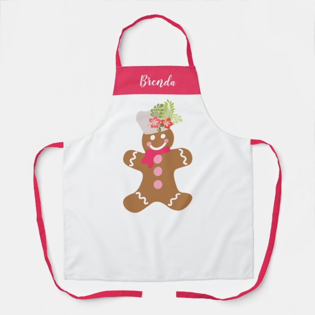 Cute Gingerbread Pink White Personalised Baking  Apron (Front)