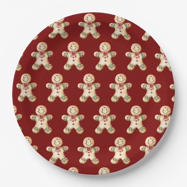 Cute Gingerbread Red Christmas Paper Plate (Front)