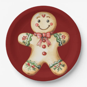 Cute Gingerbread Red Christmas Paper Plate