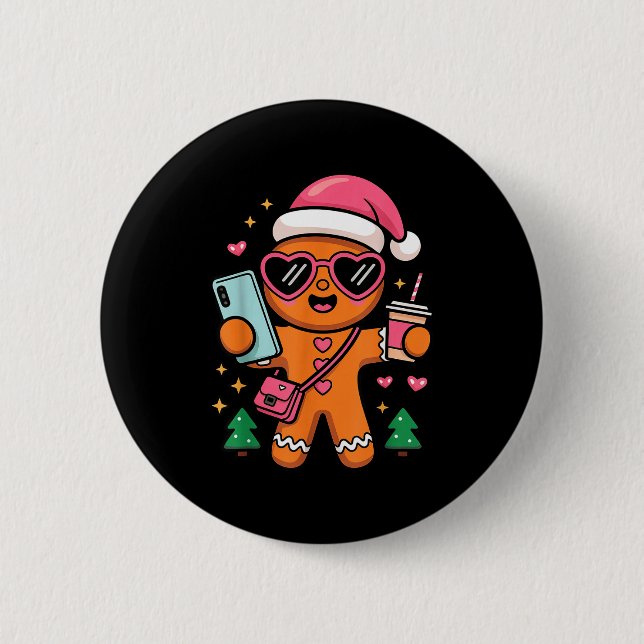 Cute Gingerbread Taking Selfie Christmas Pajama To 6 Cm Round Badge (Front)