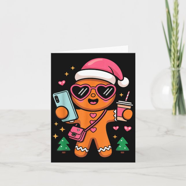 Cute Gingerbread Taking Selfie Christmas Pajama To Card (Front)