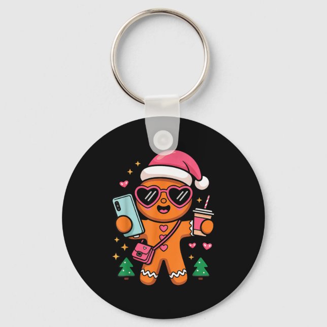 Cute Gingerbread Taking Selfie Christmas Pajama To Key Ring (Front)