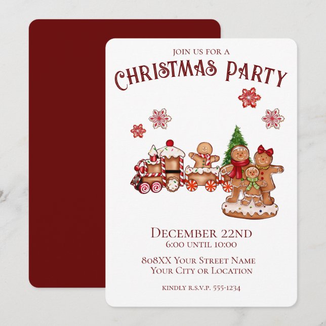 Cute Gingerbread Train and Family Christmas Party Invitation (Front/Back)