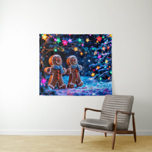 Cute gingerbread winter starry lights art tapestry