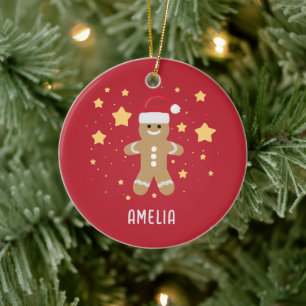 Cute Gingerbread woman and stars Personalised Name Ceramic Tree Decoration