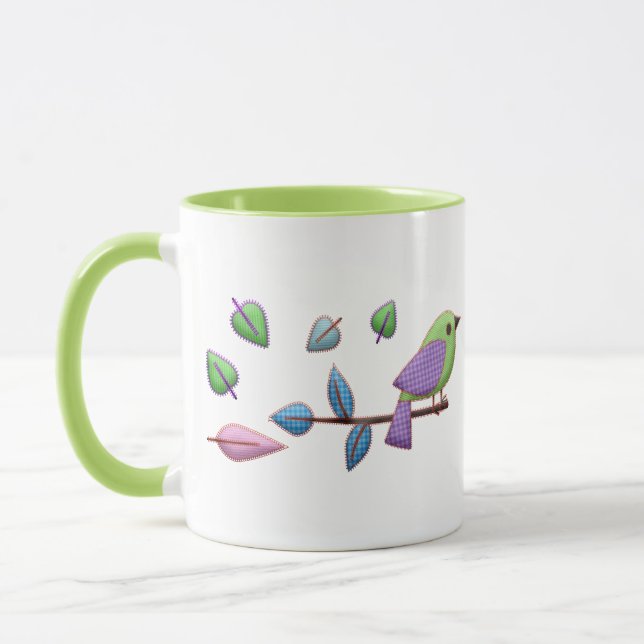 Cute Gingham Bird with Pastel Leaves Mug (Left)